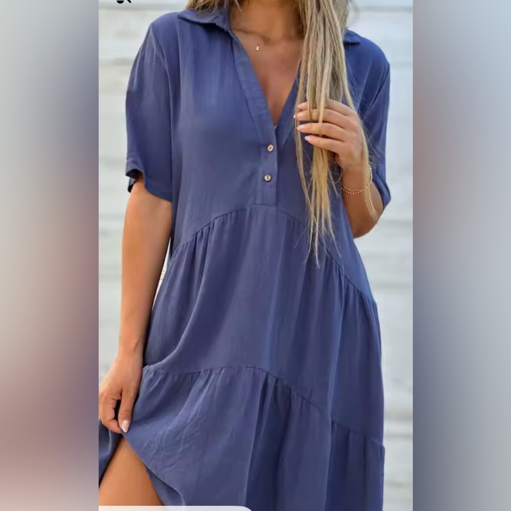 Women's Blue V-Neck Midi Dress